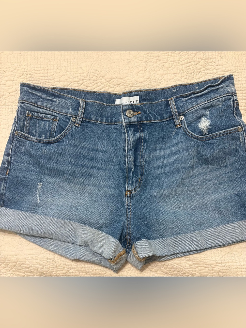 LOFT Mid Rise Distressed Denim Cuffed Shorts Women’s Size 31/12 Medium Wash